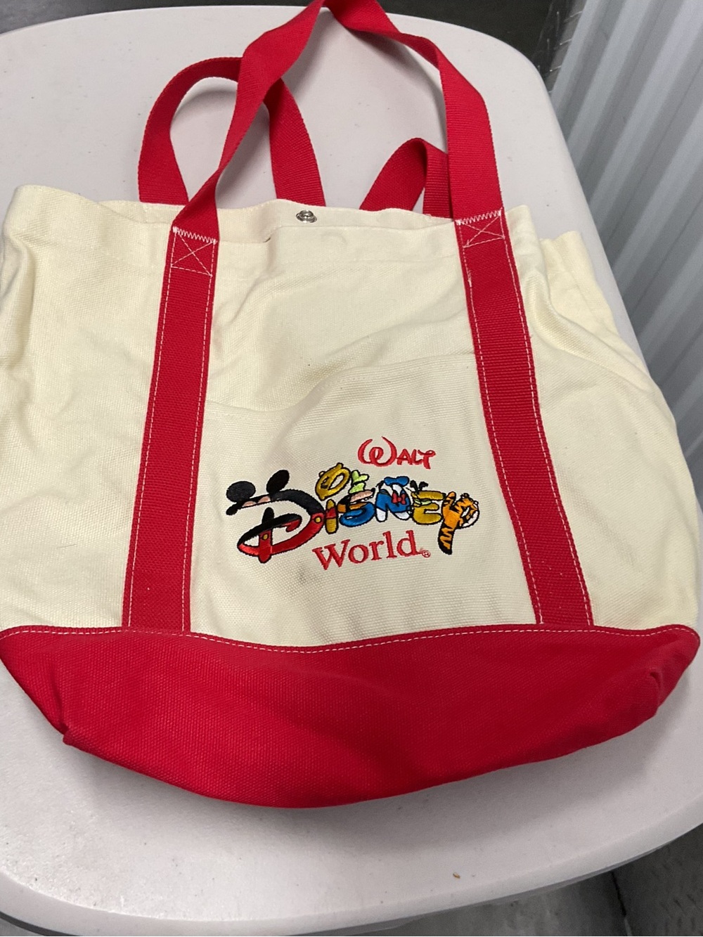 Disney Cream and Red Canvas Tote with Embroidered Walt Disney World Logo